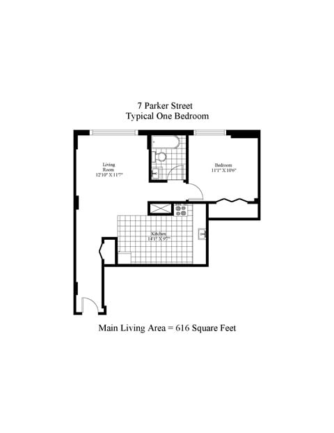 Floor plan for 1 bed, 1 bath, 708 sqft